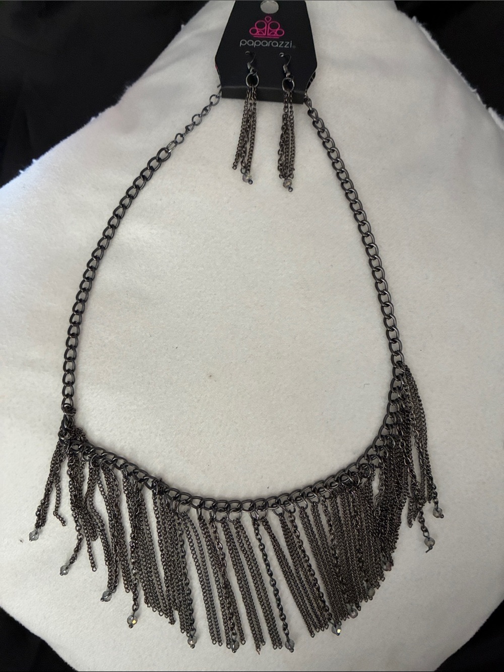 paparazzi Gunmetal Fringe Bib Necklace with Dangle Earrings